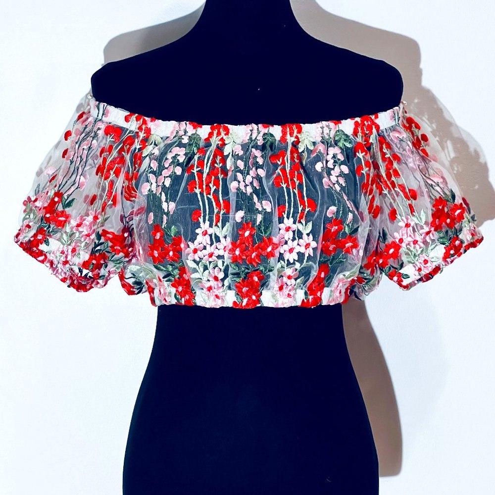 Kimchi Blue Embroidered Floral Mesh Crop Top